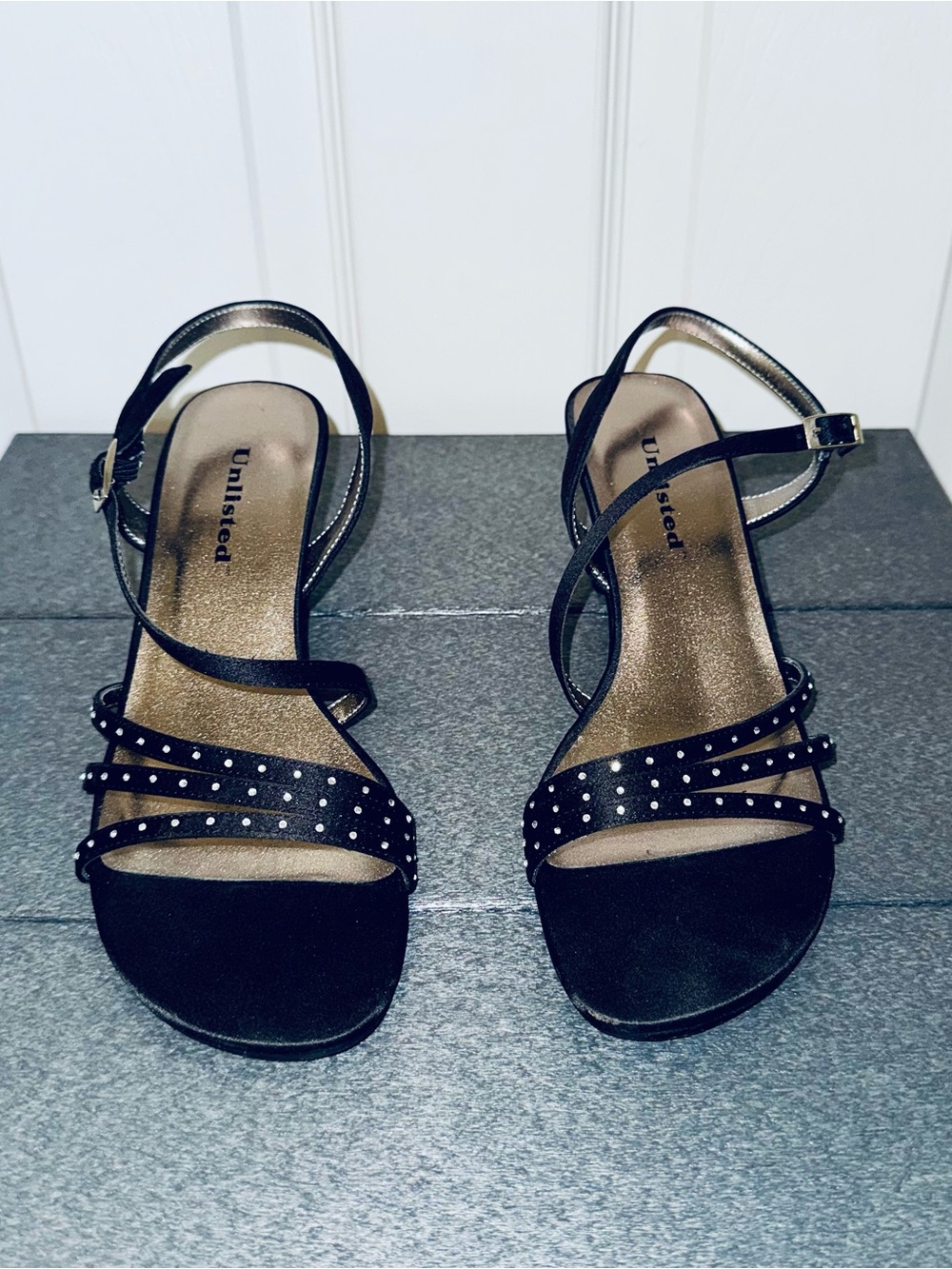Unlisted Black Strappy Rhinestone Heels Size 8